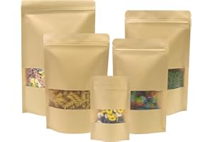 SumDirect Pack of 50 Small Brown Paper Bags with Viewing Window, Paper Bags Kraft Paper with Base for Packaging Coffee, Tea, Food and Snack More (15 x 22 cm)