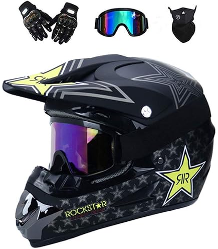 Professionele Motocross Helm Motocross Crossmotor Off Road Motorhelm Set Full Face MTB-Helm Met Bril Handschoenen Gezichtsbedekking (DOT/ECE-Certificering),Black 3,L