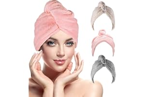 RENFOX Toallas para Secar el Pelo, Toalla Turbante para el Pelo, Cabello Turbante de Secado rápido Coral Fleece con Botón del Abrigo, para en EUR Ducha, SPA, Maquillaje (3-Pack)