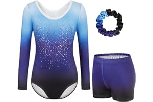 JoyBound Girls' Gymnastics Leotards LongSleeves Set -Three-Piece for Long Sleeves or Sleeveless Leotard, Shorts & Hairband Gradient Color Ballet Unitard Outfit for Ages 5-12 Dancers Girl