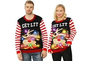KOURIC Christmas Jumpers for Women UK Men,Light Up Christmas Jumper,Ugly Unisex Sparkly Funny Novelty Reindeer Christmas Sweater, Xmas Rude Long Sleeve Pullover Sweatshirt Top for Adult Couples