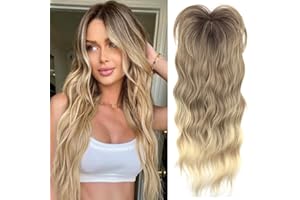 PORSMEER Topper do włosów ombre blond dla kobiet, długość 45 cm, falowane włosy, syntetyczny topper do cienkich włosów, klips do włosów z grzywką, doda objętości włosów