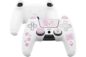 PlayVital Controller Silicone Case do ps5 z Nakładkami Kciuki,Cute Bear Ochronny Etui do ps5 Stacją Ładującą z Sticker Touchpad,Kawaii Silikonowy Pokrowiec do ps5-Biały & Różowy