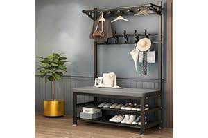 BAOBAJIU Metal Coat Rack Stand with Shoe Bench, Modern Coat Tree with 10 Hooks and 2-Tier Shoe Rack, Lots of Storage Space, 4 in 1 Entryway Hall Tree with Storage Bench, Easy to Assemble (Black, 100X33X170CM)