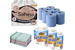 STERLING PRODUCTS HOMESmith 66-Piece Bundle – 45x 3-Ply Brown Toilet Rolls (Shea Butter Scented), 12 Kitchen Rolls, 6 Blue Centrefeed Rolls, 3 Cotton Tea Towels – Household Tissue & Cleaning Set