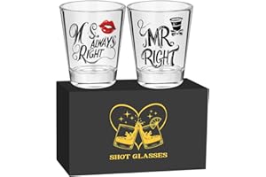 LKKCHER NOVELTY Set di 2 Bicchierini da Shot in Vetro, 60 ml Tumbler, Mr Right and Ms. Always Right Modello, con Confezione Regalo, per Tequila, Vodka, Whisky, Brandy, Matrimoni, Feste, Anniversari, San Valentino
