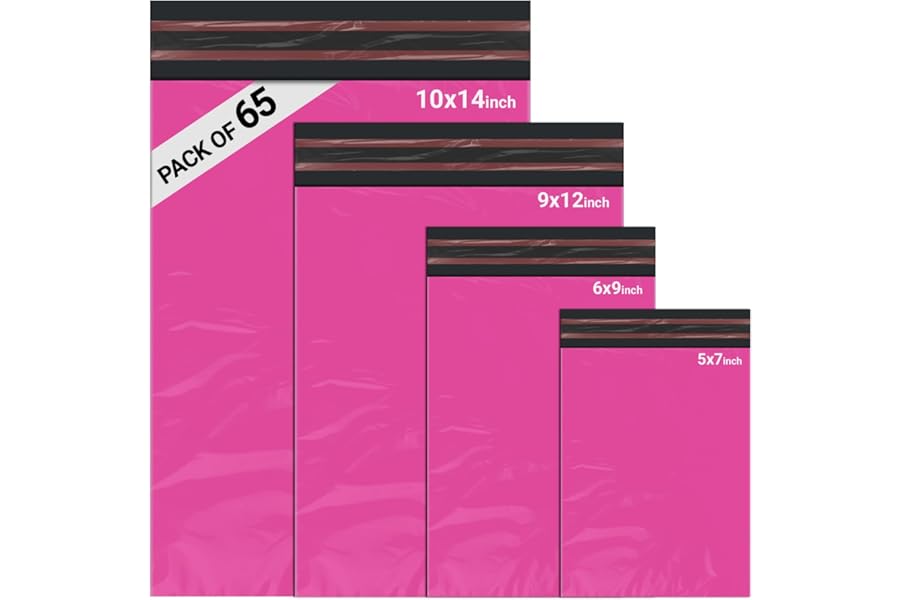 65 Mixed Parcel Bags Hot Pink, Mailer Bags Tamper-Proof Strong Postal Packaging Bags for Shipping, Mailing & Delivery, 4 Sizes Small to Large Bags, 15 Each