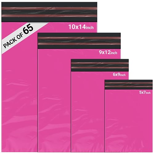 65 Mixed Parcel Bags Hot Pink, Mailer Bags Tamper-Proof Strong Postal Packaging Bags for Shipping, Mailing & Delivery, 4 Sizes Small to Large Bags, 15 Each