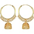 MEENAZ Traditional Temple Jewellery 18K One Gram Gold Ethnic Brass South Indian Screw Back Studs Meenakari Ghungroo Huggie Hoop Bali Jhumkas stylish Jhumka Earrings Set For Women girls golden-M583