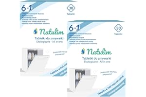 ‎NATULIM Natulim Tabletki do zmywarki, 60 sztuk, rozpuszczalne w wodzie i biodegradowalne tabletki do zmywarek, formuła 6 w 1, głębokie czyszczenie, ochrona szkła, funkcja soli, bez plastiku (2 sztuki)
