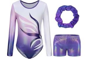 Hovershoes Gymnastics Leotards for Girls Long Sleeve Bodysuit Sparkle Gradient Colorful Diamond Ballet Dancing Leotard Tumbling Shorts Kids Youths Athletic Dancewear