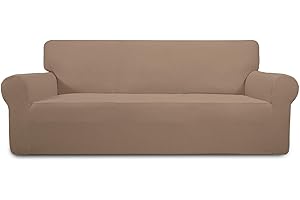 Greatime Stretch Sofabezug Sofaüberwurf Möbelschutz Sofaüberzug Couchbezug Couch Schild Sofahusse Weich mit Gummiband Schaumstreifen (Kamel,3-Sitzer)