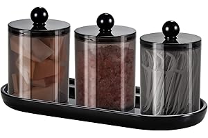 SHEECHUNG Qtip Holder Bathroom Set with Tray(4PCS) - 3 Pack Acrylic Plastic Apothecary Jars Qtip Dispenser Canister with Lid and Labels, 1 Pack Vanity Tray, for Cotton Ball, Cotton Swab (Black)