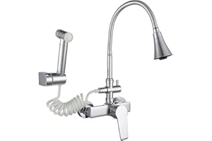 SJQKA robinet cuisine mural Robinet mural de cuisine Évier de cuisine chaud et froid Lavabo Lavabo Robinet pivotant universel Cuivre Double sortie avec pistolet