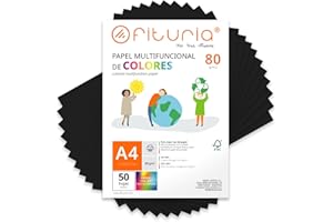OFITURIA Feuilles de couleur, Pack 50 Feuilles A4 80gr – Papier couleur pour loisirs créatifs, imprimante, scrapbooking – Feuilles colorées – Idéal pour origami, pliage, bureau et école (Noir, 50h)
