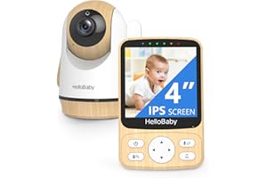 HelloBaby Babyphone Caméra sans WiFi ，Ondes PTZ 4" Vision Nocturne, Autonomie 26h (2800mAh), Portée 300m, Alerte Température and Pleurs, Montage Murale,Voyage