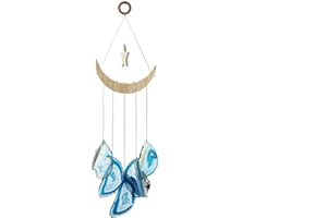 mookaitedecor Blue Agate Slice Crystal Wind Chime for Bedroom Porch Window Indoor Outdoor Decor, Star & Moon Healing Crystal Wall Art Hanging Ornament Reiki Wind Chime Gift Feng Shui Blue Room Decor