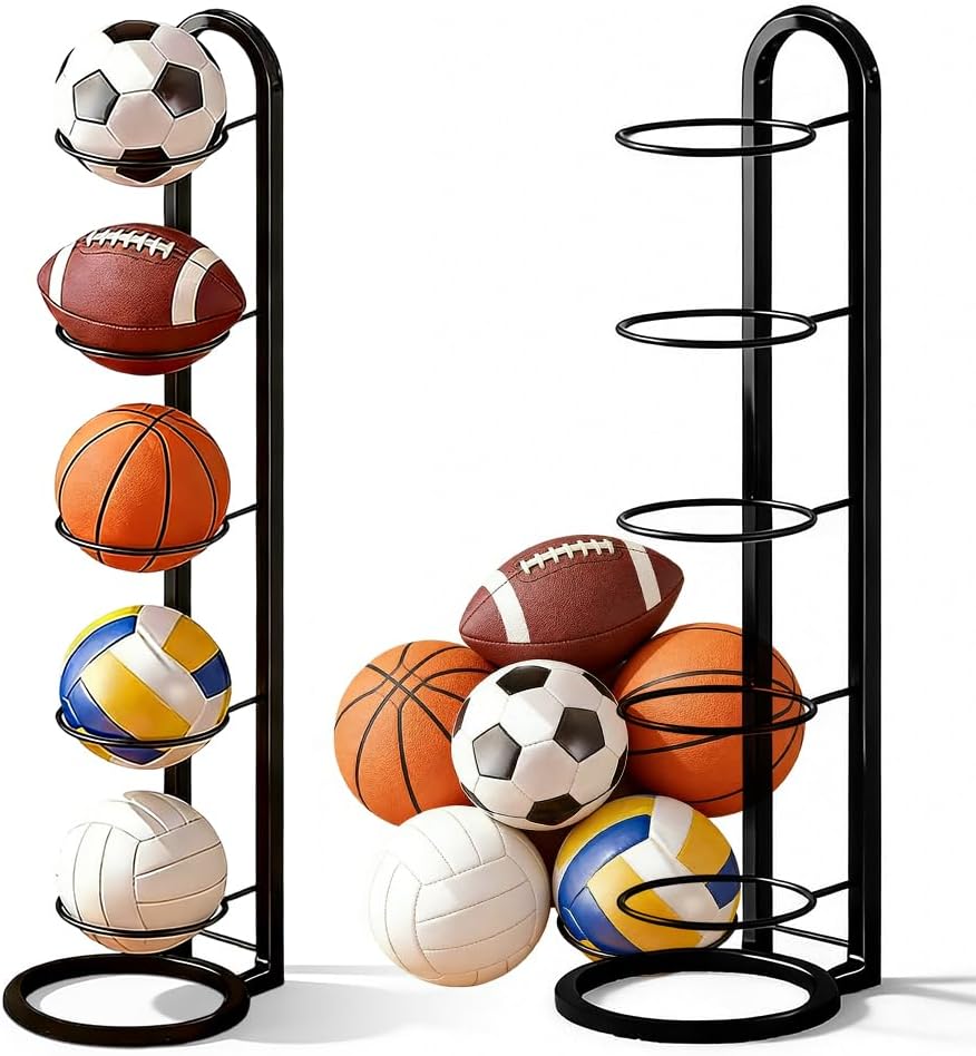 Soporte para pelotas de fútbol, baloncesto y más – Soporte de bola de metal de 5 niveles con base redonda para máxima estabilidad, color negro, ahorro de espacio para habitaciones, garajes
