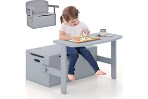 GYMAX 3 in 1 Kids Storage Bench, Convertible Toy Storage Box with Safety Hinge, Wooden Children Table and Chair Set for Playroom Bedroom (Grey)