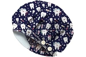 DELORIGIN Teeth Bouffant Scrub Caps Elastic Working Caps Cotton Scrub Nursing Doctor Surgeon Cap With 4 Button and Sweatband Breathable Unisex Adjustable Bandage Hats for Nurse Cooking Housework