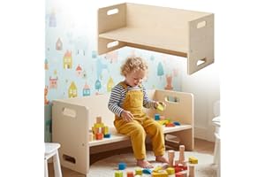 ‎BELLABINO Bellabino Aki Kindersitzbank - 2in1 Kinderbank/Kindertisch aus Holz Natur - Montessori Wendebank für Kinderzimmer - multifunktionaler Kinderhocker mit 3 Sitzhöhen aus Birke - Hocker 80 x 35 x 35 cm