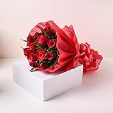 FlowerAura Premium Fresh Live Flower Bouquet of Set of 6 Red Roses In Designer Non Woven Paper Gift For Birthday | Anniversar