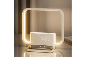 ‎RETEYUNG RETEYUNG Nachttischlampe mit 10W Kabelloser Ladefunktion,2 Wecker Tischlampe,Tageslichtwecker mit 10 Beruhigender Klang, Nachttischlampen Touch Dimmbar 3 Helligkeitsstufen (Modern)