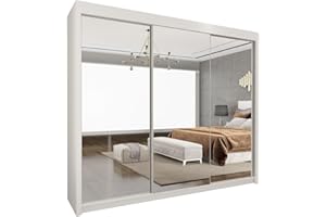 UK SLIDING WARDROBE Modern Full Size Double Mirrors 2&3 Sliding Doors Wardrobe With Adjustable Shelves, Hanging Rails,Bedroom Furniture (White, 250cm)