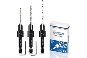 DKIBBITH 3-pc Countersink Drill Bit Set #10#12#16, 3in1 Woodworking Counterbore Hole Saw Drill Bits, Depth Adjustable M2 Pilot Drill Bits, 82-Degree Chamfer, 1/4” Hex Shank, with 1 Allen Wrench