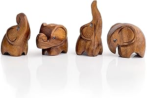 FUNKY FACTORY Crafty Artisan hand carved cute elephant ornaments for the home-great for animal lovers -anniversary—elephant gifts for her -wooden gifts wooden- set of 4