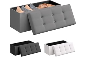 JUPPLIES Puff de Almacenaje 80 L, 76 x 38 x 38 cm - Baúl de Almacenamiento con Tapizado PVC, Plegable y Acolchado - Banco con Tapa Soporta 300 kg para Dormitorio, Salón o Vestidor - Gris