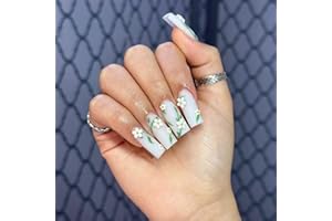 JUSTOTRY 24 pcs Floral Fake Nails Medium,Sage Green French Press on Nails with Leaf Patterns,Ballerina Stick on Nails for Women, Acrylic Coffin Medium False Nails with Glue for Nail Art