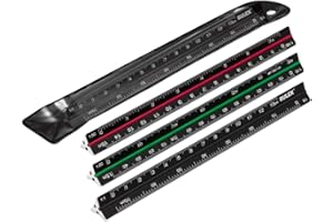 Rulex - Mini regla triangular de metal, 150 mm, 15 cm, color negro, con líneas y escalas de colores: Lado 1 – 1:1 y 1:5, lado 2 – 1:20 y 1:10, lado 3 – 1:50 y 1:100