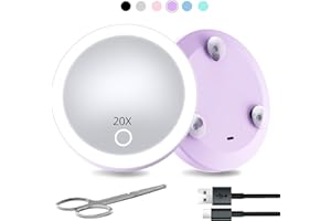 Suupvaor Espejo de Aumento 20X con luz y ventosas, Espejo de Aumento 30X Iluminado y Regulable, Espejo de Maquillaje de Bolsillo de 10cm Recargable con Gran Aumento y Tijeras
