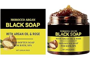 EIHI Savon Noir à L'argan et à la Rose,Savon Noir Marocain à 100% Biologique,100% Organic Moroccan Black Soap,Savon Exfoliant Pour Le Corps Au Savon Noir, Black Beldi Soap(180ML)