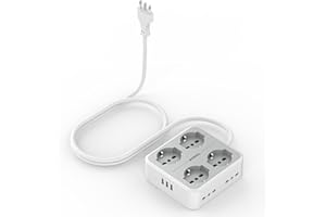 TESSAN Ciabatta Multipresa con 4 Schuko 16A e 4 Prese 10A e 3 USB, Presa Multipla con Interruttore e Prolunga Elettrica 2 Metri, 3680W Multipresa da Scrivania Piatta 16A, Grigio