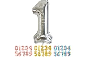 Ponmoo Foil Palloncini Numeri 1 Argento, Gigante Numero 0 1 2 3 4 5 6 7 8 9 10-19 20-29 30 40 50 60 70 80 90 100, Gonfiabili Pallone per Anniversario, Decorazione Feste di Compleanno Palloncino
