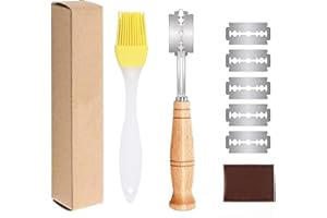 Bkemkri 1 PCS Lama Pane Coltello da Pane con 5 Lamette Acciaio Inossidabile e 1 Custodia Protettiva e 1 Pennello per Olio al Silicone, Maniglia in Legno Bread Lame, Intagliare Modelli di Pane Crudo
