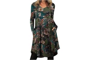 NUSGEAR 2022 Vestidos Largo para Mujer,Vestido Moda Vestido Primavera Impresión Fiesta Vestidos Casual Cuello Redondo Vestidos Manga Larga Sudadera Elegante Vestido de Noche con Bolsillo Bohemios Playa