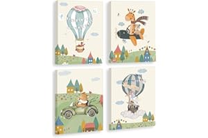 KAIRNE Lot de 4 posters d'animaux avec cadre (20 x 25 cm), motifs d'avion, montgolfière, tableaux muraux pour chambre de bébé, garçon et fille, jungle, safari, tableaux muraux