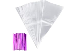 Anpro 100 pcs Clear Cone Bags with Purple Twist Ties for Party and Sweets