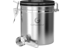 Coffee Gator Coffee Canister Airtight 1300 mL, Stainless Steel Kitchen Food Storage Container with Date Tracker, CO2 Valve, Scoop for Grounds Coffee, Beans,Tea, Sugar, Flour, Snacks