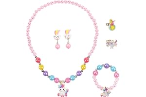 DAGORD Einhorn Schmuck Mädchen Set Kinderschmuck Mädchen 2-12 jahre Halskette Armband Kinder Ringe Ohrclips Schmuckset Prinzessin Einhorn Geschenke für Mädchen Geburtstag Party