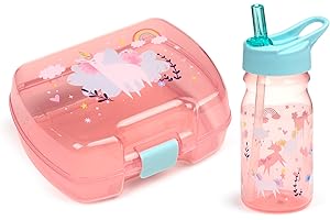 Puckator Juego de fiambrera rosa para niña (fiambrera para alimentos y botella con pajita) – Magia del unicornio y arcoíris, sin BPA