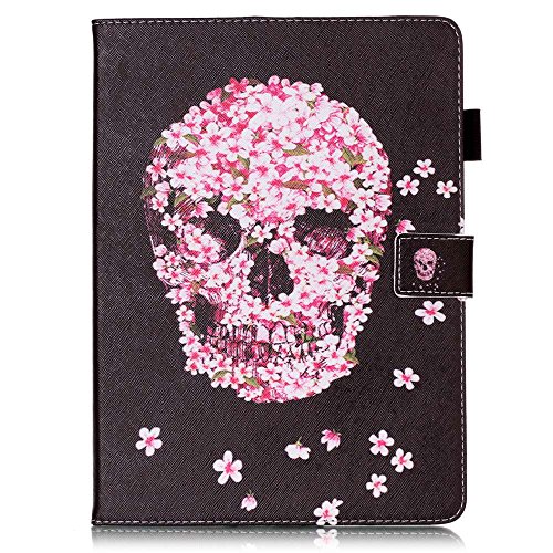 iPad Air 2/iPad 6 Leder Tasche Hülle,iPad Air 2/iPad 6 Leichter Wallet Kickstand Hülle,Herzzer Mode Hübsch [Blumen Schädel Gedruckt] Shockproof Kratzfest PU leder Mappen Geldbeutel Folio Abdeckung mit Karte Bargeld Schlitz Weiche TPU Innere Kasten Hülle Case für iPad Air 2/iPad 6 + 1 x Frei Schwarz Handy Halterung Ständer + 1 x Frei Schwarz Stift Stylus - 2