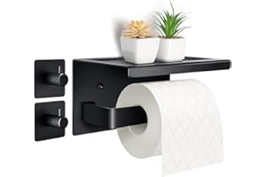 Acmetop Toilettenpapierhalter ohne Bohren Aluminium Klopapierhalter mit 17 cm Ablage, Selbstklebende WC Papier Halterung mit 2 Klebehaken Wandmontage Klorollenhalter für Küche und Badzimmer Schwarz
