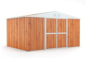 NOTEK Box in Acciaio Zincato Casetta da Giardino in Lamiera 4.03 x 2.69 m x h2.17 m - 149 KG – 10.84 metri quadri (Finitura Legno)