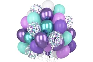 EPOKUS Luftballons Lila Türkis, 60 Stück Violett Konfetti Ballons, Metallic Lila Grün Helium Ballon, Macaron Lila Matt Blaugrün Weiß Latex Ballon für Meerjungfrau Geburtstag Hochzeit Mädchen Babyparty Party