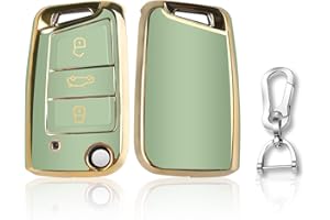 QBUC Goldener Rand Autoschlüssel Hülle für, DREI Tasten Autoschlüsselkasten, Auto kratzfestes Schlüsselgehäuse，Schlüsselhülle Cover für Polo, Skoda, Tiguan, MK(A-Grün)
