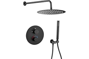 VALAZ Ducha Empotrada Negro Mate | Ducha Termostatica 2 Vías, Rociador Efecto Lluvia | Instalación en Pared Fácil y Rápida | Inoxidable, Redonda, Rociador 20 cm, Serie Jucar